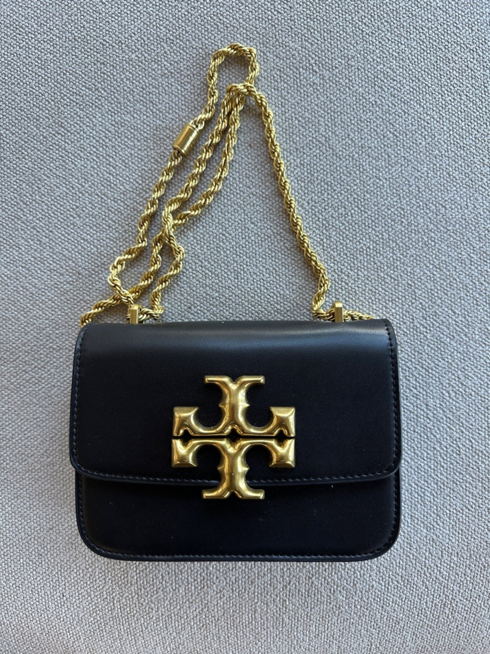 Tory Burch Black Leather Crossbody with Gold Logo Chain